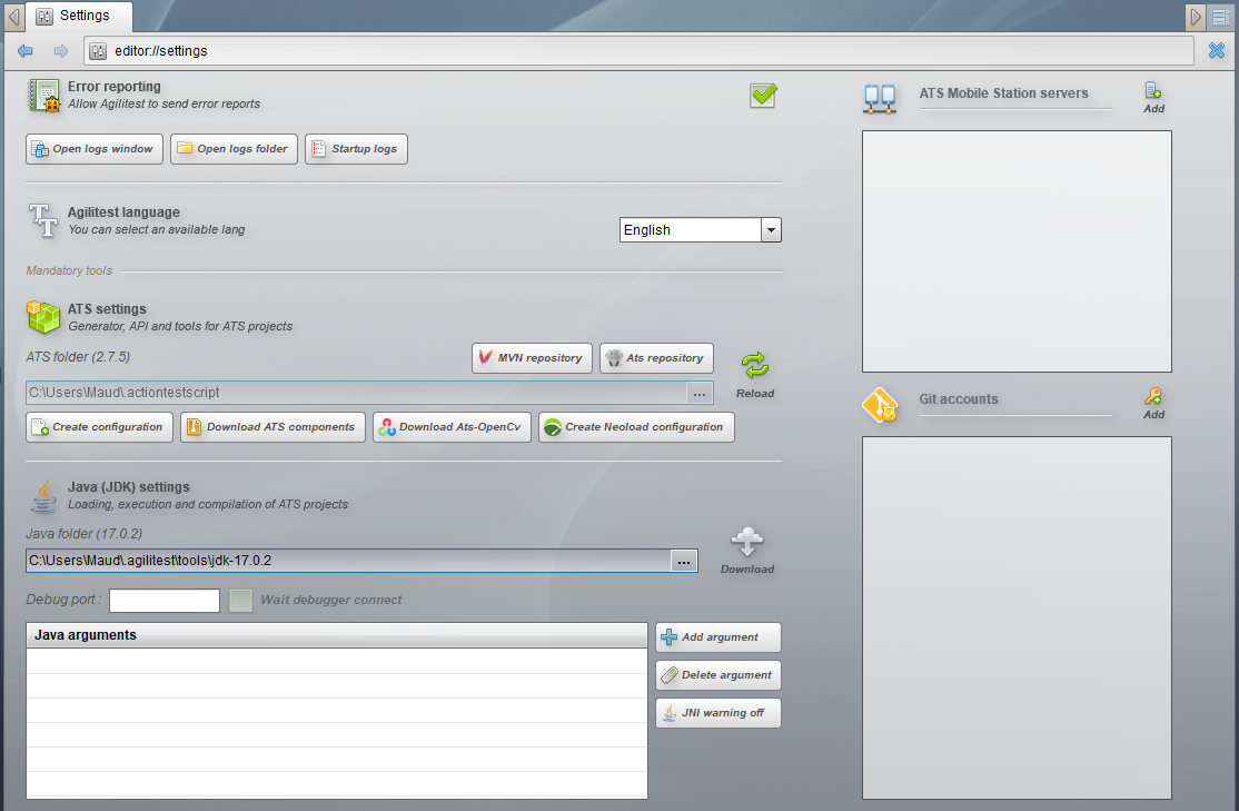 Settings page
