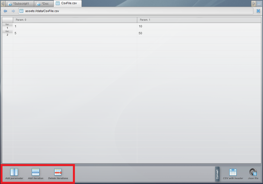 buttons to add iterations and rows or remove