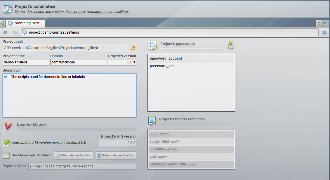 project's parameter window